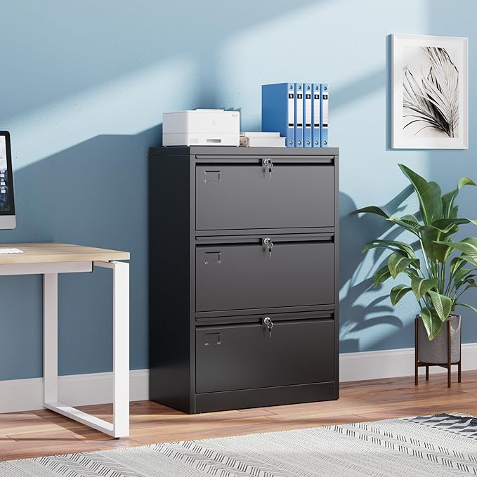 Metal 3 Drawer Lateral File Cabinet with 3 Lock - Wide Filing Cabinet for Letter/Legal/F4/A4 Hanging Files - Includes Business Card Holder,Home Office School Storage,Black-DeskLoop Office