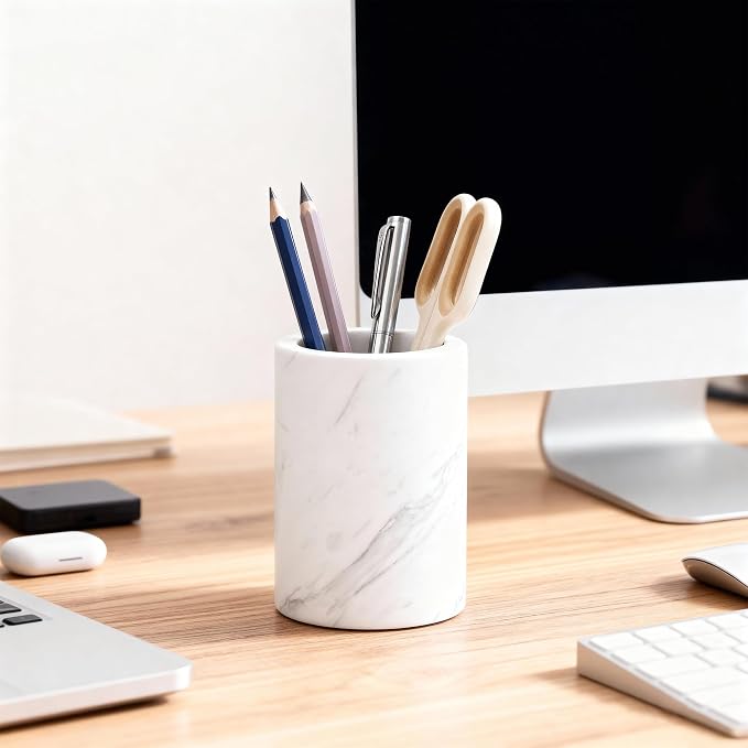 Natural Marble Pen Holder for Desk, Handcrafted Volakas Sturdy Desk Organizer - Image 4