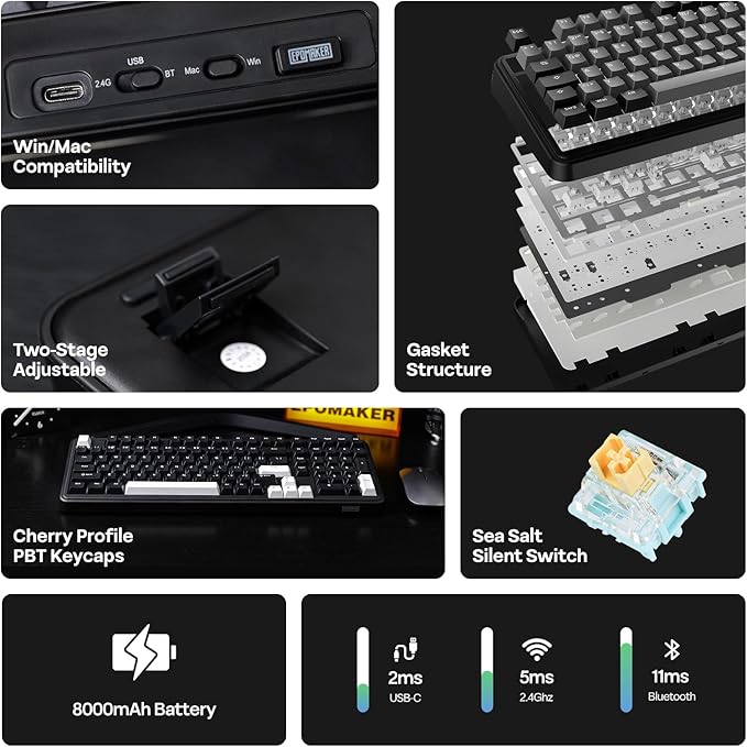 EPOMAKER TH99 Wireless Mechanical Keyboard with Lubed Silent Switch, Quiet Gaming Keyboard, 8000mAh,Creamy Gasket,RGB Backlit,Numpad,PBT Keycap,Hot Swappable,for Gamers/Office (Black)-DeskLoop Office