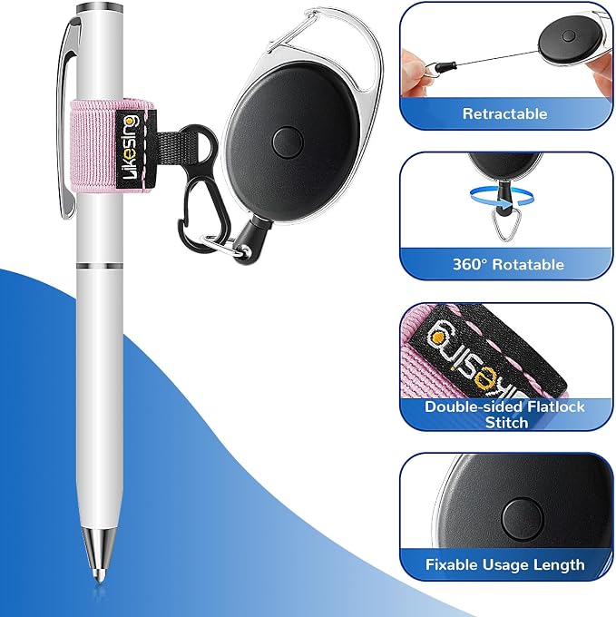 Likesing 4 Black Retractable Pen Holder, 27.5" Reel Elastic Pen Leash - Image 4