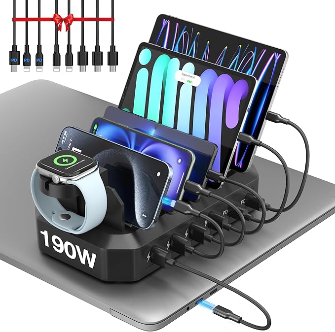190W Fast Charging Station for Multiple Devices【Efficient & Safe Charging】 6 Port USB Charger Station - Family Multi-Device Organizer Charging Dock Compatible with iPhone/Android/MacBook/iPad/Tablet-DeskLoop Office