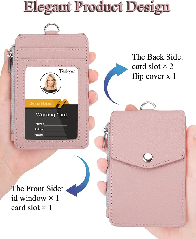 Teskyer ID Badge Holder with Lanyard, Lanyard Wallet, Lychee Dark Pink | 4-Card - Image 3