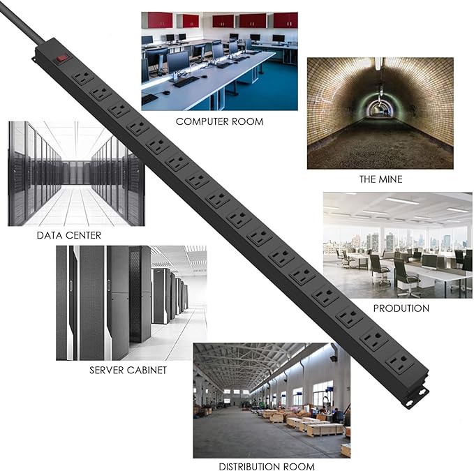 HHSOET 16-Outlet Metal Wall Mount Power Strip, 15 ft 14AWG Power Cord, 15A 125V 1875W, Black-DeskLoop Office