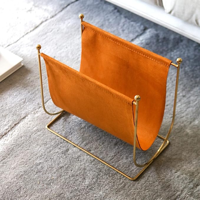 Plated Metal Wire and Suede Leather Magazine Holder Rack, Standing Rack for Magazines, Books, Newspapers, Home Staging Decoration-DeskLoop Office