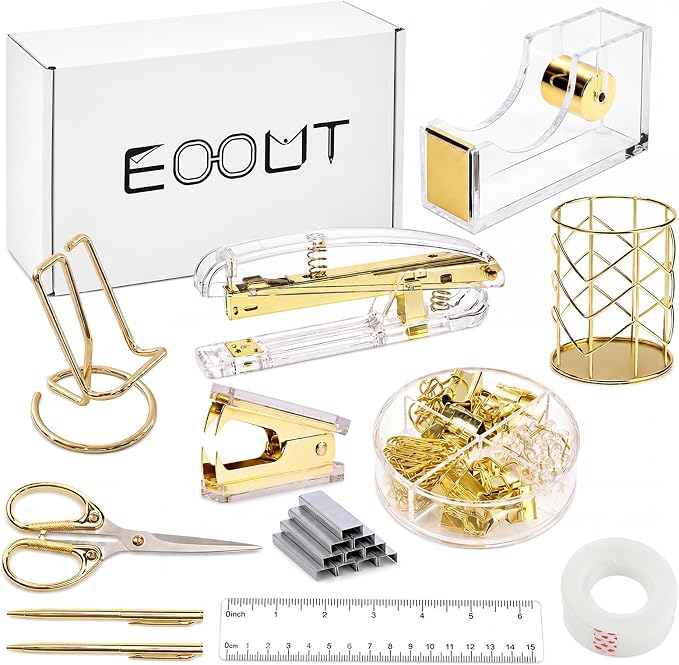 EOOUT Gold Office Supplies Set Desk Accessories, Acrylic Stapler Set Staple by EOOUT