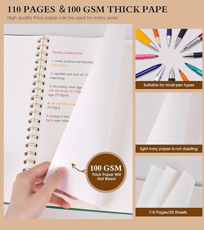 Dotted Notebook, Spiral Notebook Journal 8.5” x 11”, A4 Large Dot Grid Notebooks for Women Men, 100 GSM Dotted Paper, Plastic Hardcover Spiral Bullet Journals for Work School Sketching, Green-DeskLoop Office