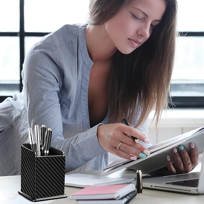 Carbon Fiber Pen Holder Pencil Holder for desk, Desktop Organizer and Black Pencil Cup for Office, School, Home,Glossy Black-DeskLoop Office