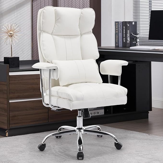 Big and Tall Office Chair 500lbs Wide Seat Executive Office Desk Chair High-Back Office Task Chair with,Ergonomic Lumbar Support Computer Office Chairs for Heavy People(White)-DeskLoop Office