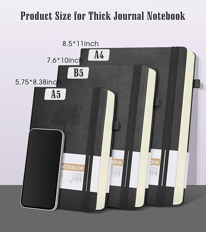 Lined Journal, 365 Pages B5 Large Hardcover Leather Notebook for Women Men, Daily Writing for Work, Note Taking, 100Gsm Thick Paper (7.6'' X 10'' Black)-DeskLoop Office