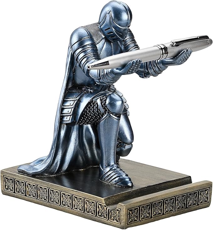 Windbreaker Soldier Knight Pen Holder Personalized Desk Accessory, Mobile Phone & Gaming Controller Holder, Device Stand Gift for Medieval Enthusiasts (Blue)-DeskLoop Office