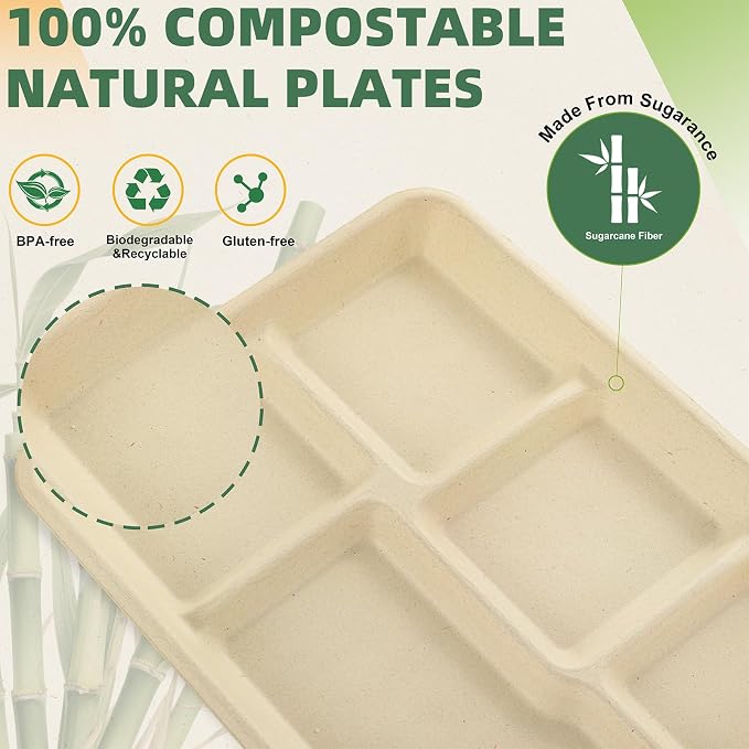 WELLIFE 100% Compostable 5 Compartment Paper Plates, 100 Pack Disposable School - Image 5