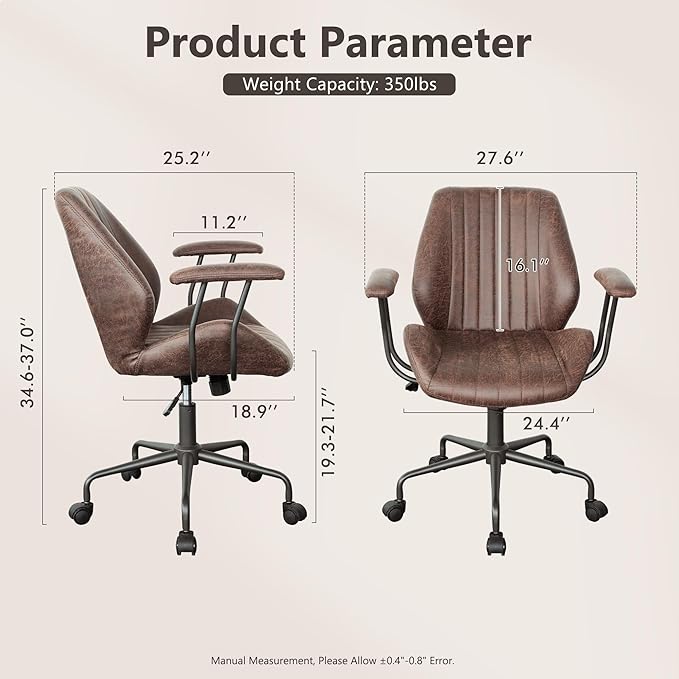 Mid Century Modren Office Chair - Mid Back Swivel Executive Chair with Lumbar Support,Ergonomic Computer Desk Chair with Wheels,Faux Lether Suede Task Chair,350lbs (Dark Brown, Mid Back)-DeskLoop Office