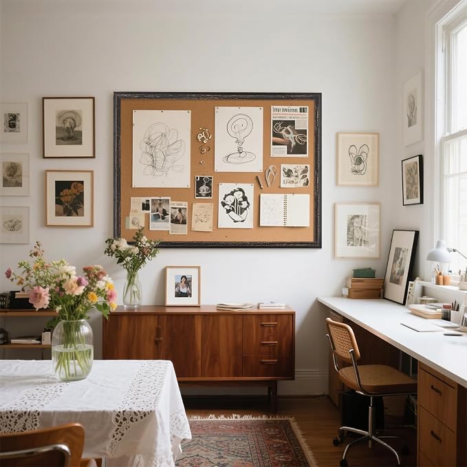 Large Cork Bulletin Board, Rustic Black Wooden Frame | Corkboard - Image 2