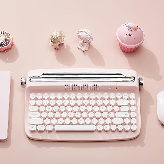 YUNZII ACTTO B303 Wireless Typewriter Keyboard, Bluetooth Connection, Cute Retro Aesthetic Design with Integrated Stand for Tablet, Phone, PC and Win/Mac/Android(B303, Baby Pink)-DeskLoop Office