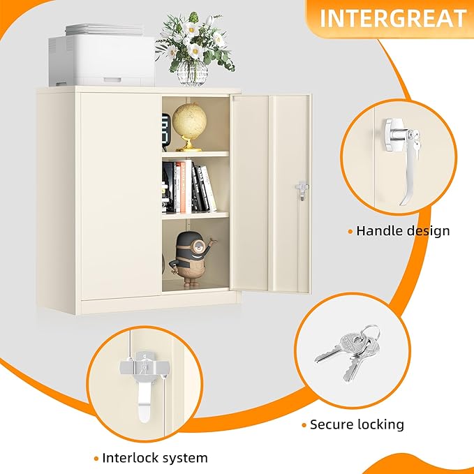 INTERGREAT Metal Cabinet with Lock, Lockable Metal Storage Cabinets with Doors and Shelves for Garage, Cream Grey Locking Garage Storage Cabinets 36"×32"×16"-DeskLoop Office