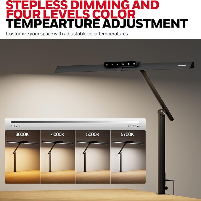 Honeywell LED Desk Lamp with Clamp - HJ1 Sunturalux Eye-Caring Clip on Lights for Home Office, 1200LM Clamp Lamp 4 Color Modes Stepless Dimming Task Desk Light for Working Black-DeskLoop Office