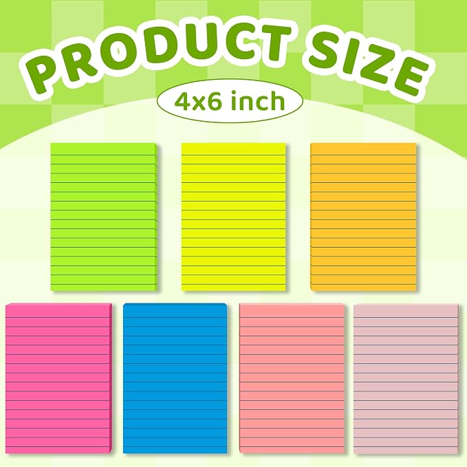 Lined Sticky Notes 4 x 6 Inches, 15 Pads, 375 Sheets Total, 7 Bright Colors - Image 2