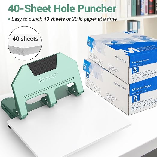 AFMAT 3 Hole Punch, 9/32" Holes, 40-Sheet 3 Hole Puncher - Image 2