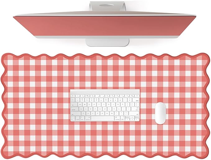 Scalloped‌ Checkered Gingham Desk Mat Cute Red XXL Large Mouse Pad Kawaii by Unknown