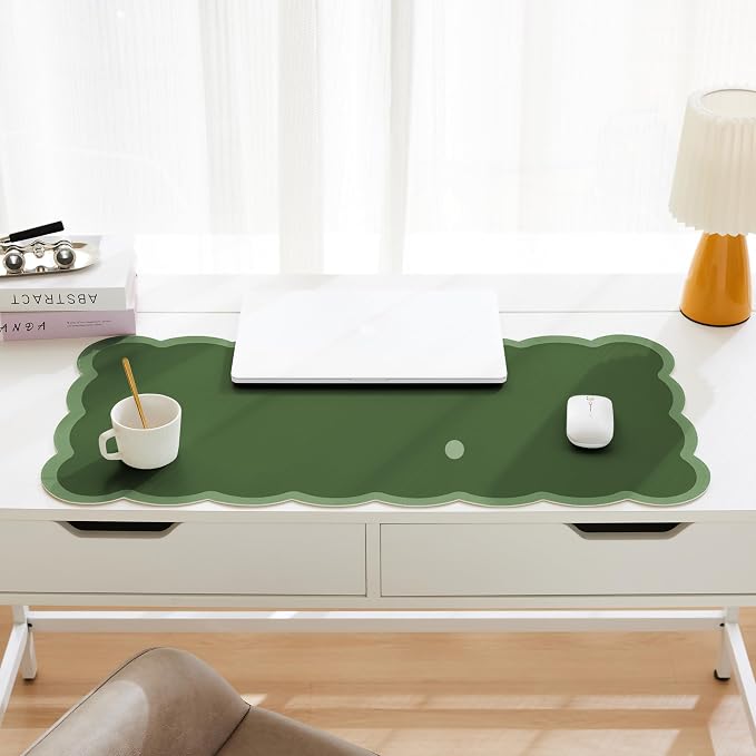 Scalloped Desk Mat, 31.5" x 15.7" Dark Forest Green Large Cute Aesthetic Desk - Image 2