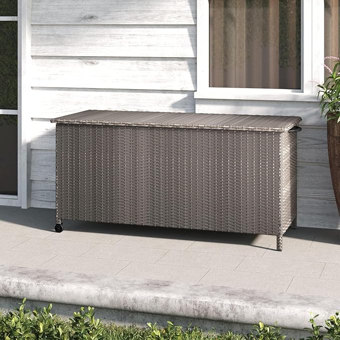 Grand patio 108 Gallon Deck Storage Box Indoor Outdoor Wicker Bin for Patio Furniture Cushions Garden Tools Pool Accessories, Greige-DeskLoop Office