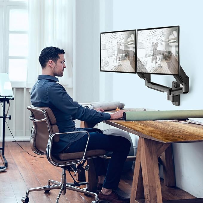HUANUO Dual Monitor Wall Mount with Gas Spring Arms - 17-32 Inch Computer Screen Mount (4.4-17.6lbs Per Arm) - VESA 75x75/100x100 Height Adjustable Stand for Dual Monitors - Home Office Desk Setup-DeskLoop Office