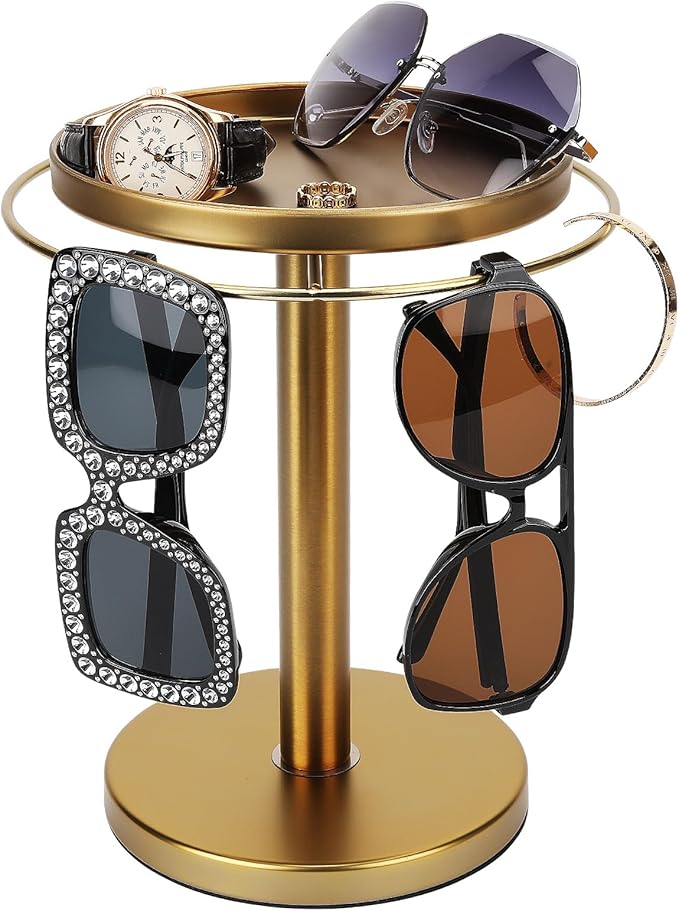 360° Rotating Sunglass Organizer Storage, Stainless Steel Glasses Holder Stand, Glasses Organizer with Tray for Desk, Dresser, Tabletop, Nightstand and Home Decor (Gold)-DeskLoop Office
