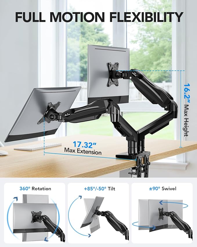 HUANUO FlowLift™ Dual Monitor Stand, Fully Adjustable Gaming Monitor Desk Mount - Image 5