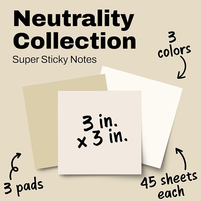 Post-it Super Sticky Notes, 3 x 3 in, Neutrality, 3 Pads, 45 Sheets/Pad | - Image 2
