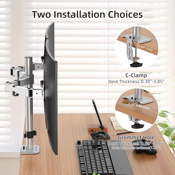 Suptek Dual Monitor Desk Mount, Adjustable Dual Monitor Arm for 2 Monitor Screens up to 38 inch, Extra Tall 15.75" Pole Monitor Stand for Desk, Holds up to 22 lbs,Silver(MD9442MS)-DeskLoop Office