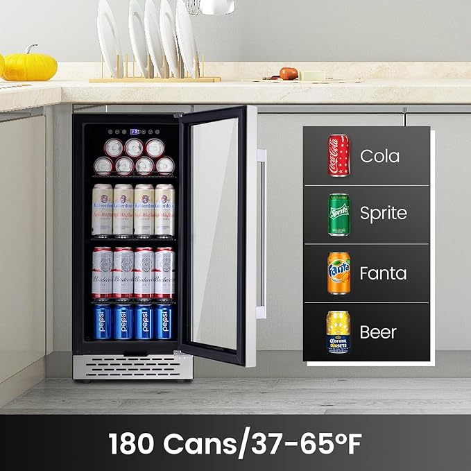 15 Inch Beverage Refrigerator Under Counter, 130 Cans Beverage Fridge with Tempered Glass Door & Lock, 37-65°F Beverage Cooler For Home/Bar, Built-in/Freestanding Mini Drink Cooler(3.53 cu.ft)-DeskLoop Office