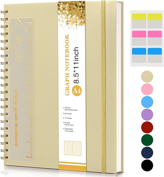 Graph Paper Notebook, Spiral Notebook Journal 8.5” x 11”, A4 Large Grid Notebooks for Women Men, 100 GSM Graph Paper, Plastic Hardcover Spiral Graphing Journals for Work School Engineerin, Yellow-DeskLoop Office