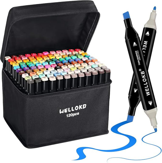 WELLOKB Alcohol Markers Set, 120 colors Alcohol Based Dual Tip, Broad and Fine by WELLOKB