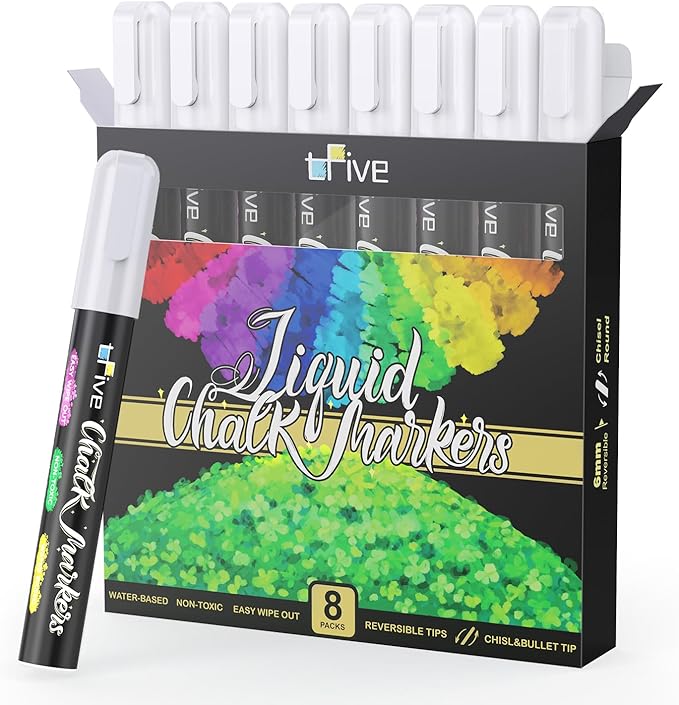TFIVE White Chalk Markers - Dry & Wet Erase Marker Pens for Chalkboards, Signs, Windows, Blackboard, Glass, Mirrors, Liquid chalkboard markers with Reversible Tip and 24 Labels(8 Pack)-DeskLoop Office