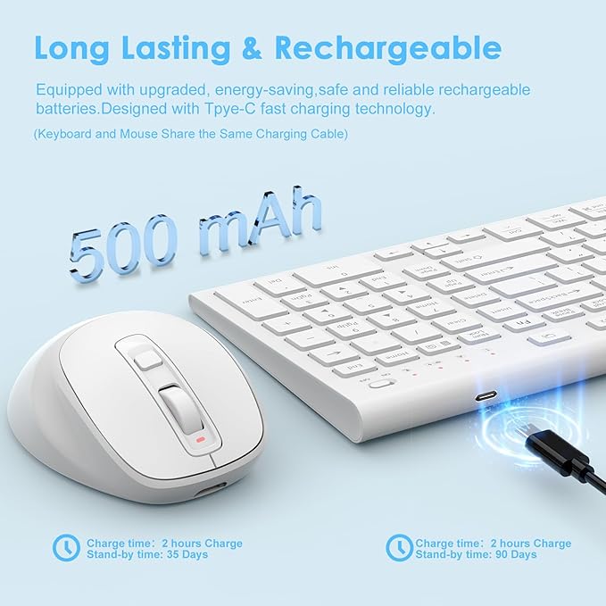 FENIFOX Wireless Keyboard Mouse Combo, Ergonomic Rechargeable Silent Quiet Slim Compact Full-Size USB C with Number Pad Flat Soft Cover for PC Computer Laptop Mac MacBook iMac TV Windows OS - White-DeskLoop Office