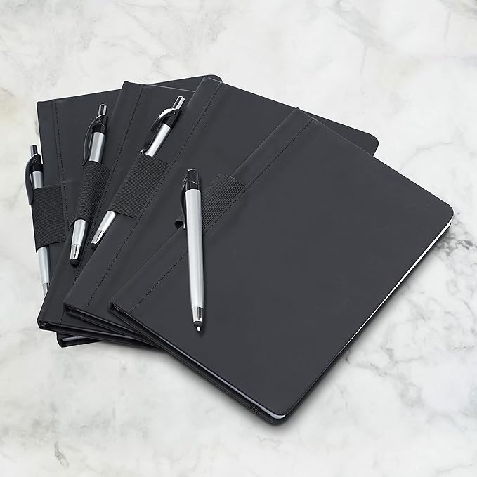 DISCOUNT PROMOS 10 Executive Notebooks with Pen Pack - 6 x 8.5 inches, Recycled, Pen Loop, Closure Strap - Black-DeskLoop Office