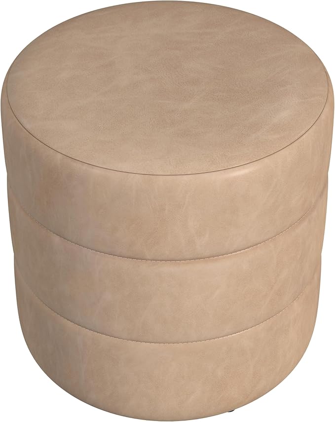 HomePop Upholstered Faux Leather Round Ottoman Home Décor|Foot Rest Ottoman- Sand Faux Leather-DeskLoop Office