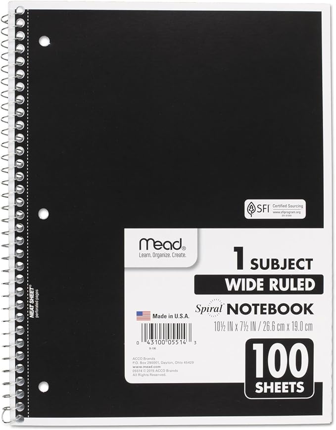 Mead Spiral Notebook, 1 Subject, Wide Ruled Paper, 100 Sheets, 10-1/2" x 8" - Image 3