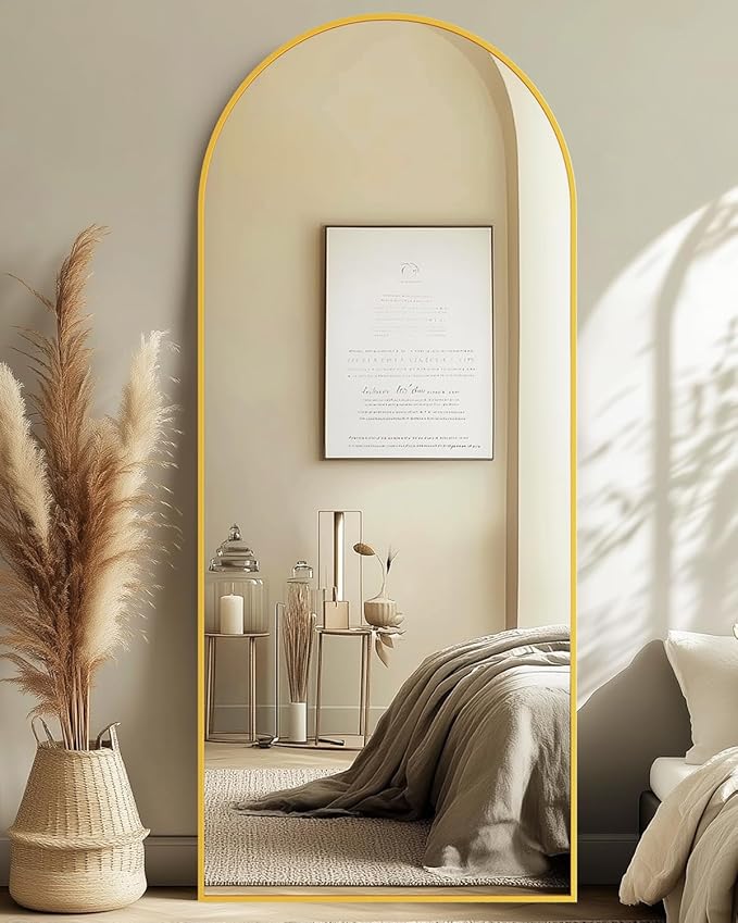 Full-Length Floor Mirror with Stand, 71"x28" Arched Style Full Body Standing Mirror for Bedroom, Living Room, Gym, Dorm - Shatter-Resistant & Easy Assembly, Gold-DeskLoop Office