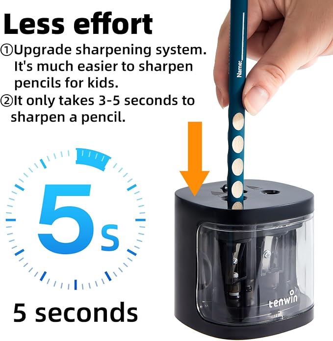 tenwin Electric Pencil Sharpener, Dual Hole Pencil Sharpeners Battery Powered - Image 3