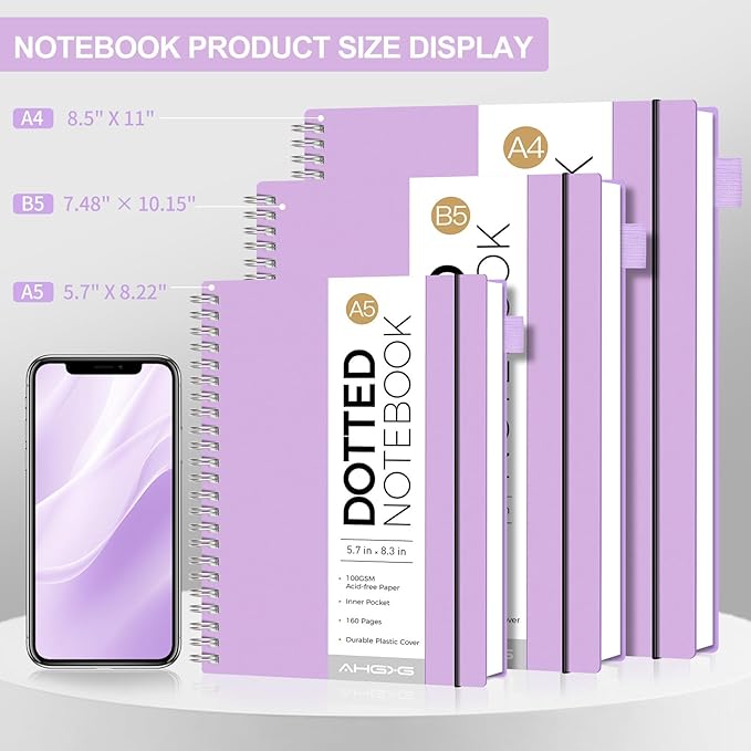 AHGXG Bullet Dotted Journal - Dot Grid Spiral Notebook B5, 140 Pages, 100 GSM Thick Paper, Waterproof Plastic Cover Journals for Bullet Journaling, Sketching, 7.6" x 10", Purple-DeskLoop Office