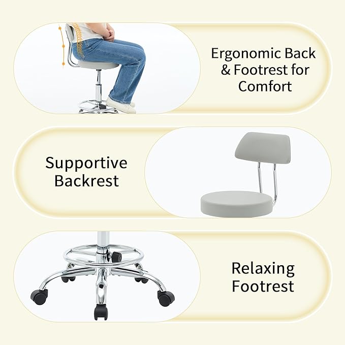Rolling Massage Chair, Height Adjustable Salon Stool with Wheels 19.5’’-26.6’’, Gray Guitar Stool (Gray)-DeskLoop Office