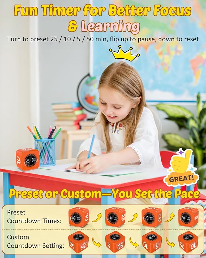Digital Pomodoro Timer Cube 5/10/25/50min, Visual Productivity Flip Timer - Image 2
