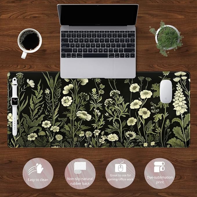 Floral Green Plant Mouse Pad Aesthetic Vintage Desk Pad Black Extended Mouse Pad Large Desk Mat for Desktop Keyboard Pad and Office Home Work Mouse Pad XXL Laptop Computer Mat 31.5 X 11.8 in-DeskLoop Office