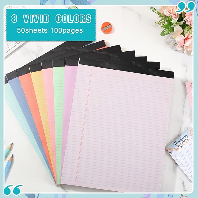 Fuutreo 8 Pcs 8.5'' x 11'' Colored Legal Pad Writing Pads Narrow Ruled 50 Sheets Per Notepad Perforated Writing Notepad Office Supplies for College Office Business (Candy Color)-DeskLoop Office