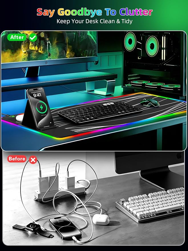 Mouse Pad with Foldable Phone Holder & Wireless Charger, XXL RGB Gaming - Image 6