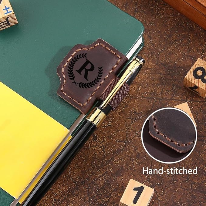Custom Bookmark with Pen Holder with 26 Letters Personalized Magnetic Leather Book Mark, Customized Name Book Marker Clip with Initial for Men Women, Gifts for Book Lovers, Readers, (Brown, L)