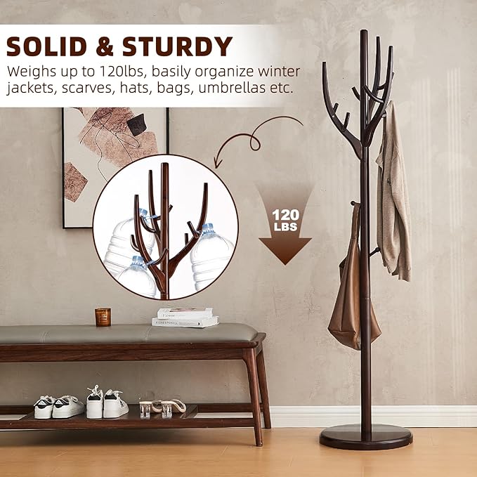 Uniclinens Coat Rack Freestanding Solid Wood Coat Tree Standing with 12 Hooks, Coat Rack Stand Creative Tree Branch-look (Dark Walnut)-DeskLoop Office