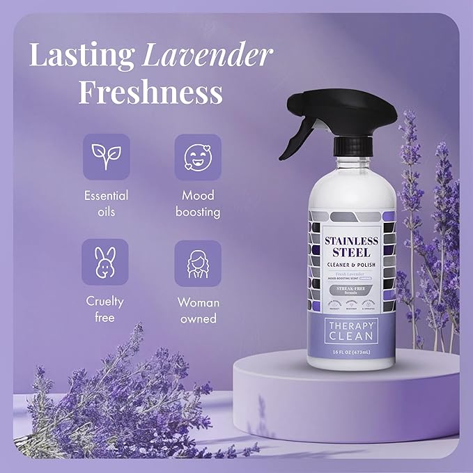 Therapy Stainless Steel Cleaner and Polish 100% USDA Biobased, Fingerprint and Residue Remover, Lavender Essential Oil Scent, Sink Cleaner, Grill Spray-DeskLoop Office