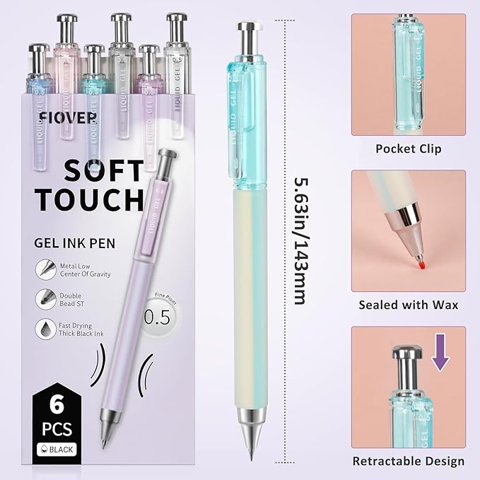 FIOVER 6 Pack 0.5mm Black Gel Pens, Quick Dry Fine Tip Pens - Image 6